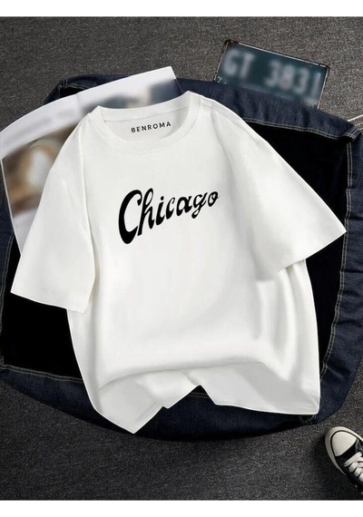 Oversıze Chicago Baskılı Unısex Tisort Baskılı BEYAZ