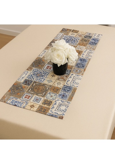 Etnik Desenli Runner, Duck Kumaş Runner, Su Ve Leke İtici Dayanıklı, Modern Tasarım 40x145 Cm Çok Renkli