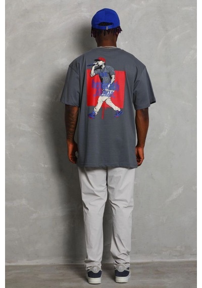 Erkek Baskılı Tişört Kısa Kol Bisiklet Yaka Oversize T-shirt - Füme
