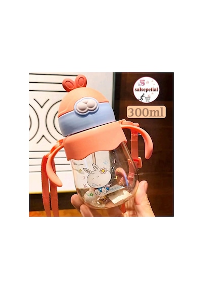 300ml Figürlü Pipeti Suluk Bebek Matara Askılı Sevimli Su Şişesi Bebek Pipetli Biberon Matara Pembe
