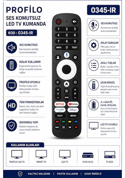 Profilo 0345-ır Led Tv Kumandası Netflix Youtube Prime Video Disney+ Tuşlu Ses Komutsuz Akıllı Kumanda