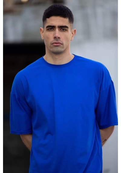 Unisex Düz Biskilet Yaka Oversize T-shirt - Mavi