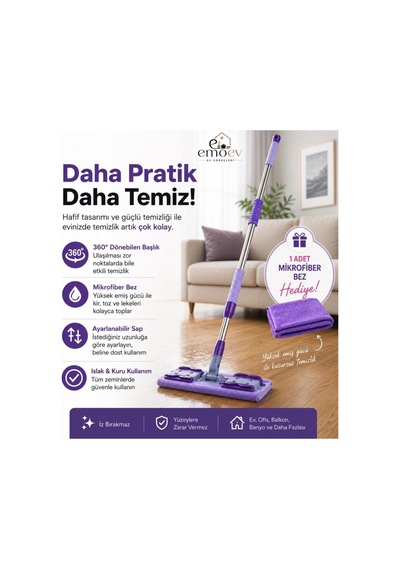 Bez Ve Kıyafet Tutuculu Mikrofiber Mop 360 Döner Başlıklı Zemin Ve Duvar Mopu