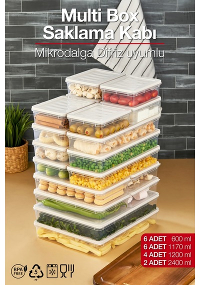 Multi Box 18parça 4 Farklı Boy Saklama Kabı Seti - Dondurucu & Mikrodalga Uyumlu Krem