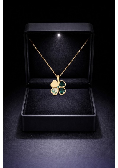 Çekirdekjewelry Zümrüt Işıltılı Dört Yaprak Yonca 925 Ayar Gümüş Kolye Sarı