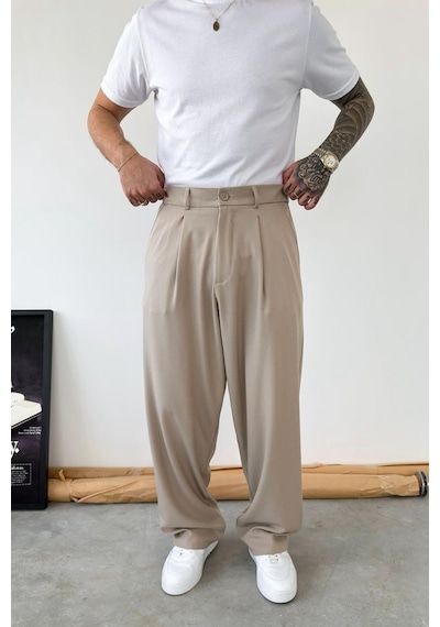 Bej Pileli Baggy Kumaş Pantolon