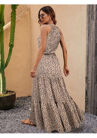 Simala Kadın Kolsuz Halter Yaka Beli Lastiklileopar Desenli Mikro Elbise Leopar