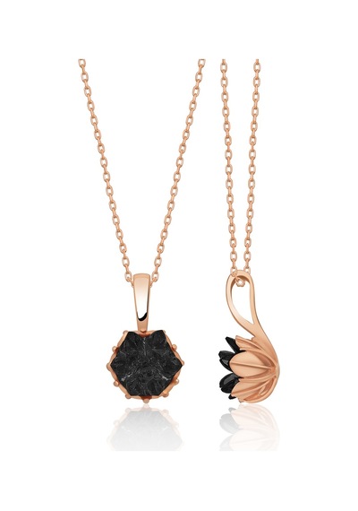 Papatya Silver Lotus Çiçeği Siyah Taşlı Kadın Kolyesi Uvps100549