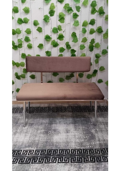 Özcan Metal Krom Metal Ayaklı Metal Kasalı Sırtlı Mutfak Salon Antre Yatak Odası Balkon Bench Puf Bank Oturak Kahverengi
