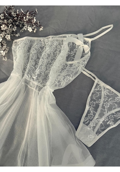 Mh Moony Homewears Hayall Beyaz Seksi Ekstra Mini Gecelik Iç Giyim Seti BEYAZ