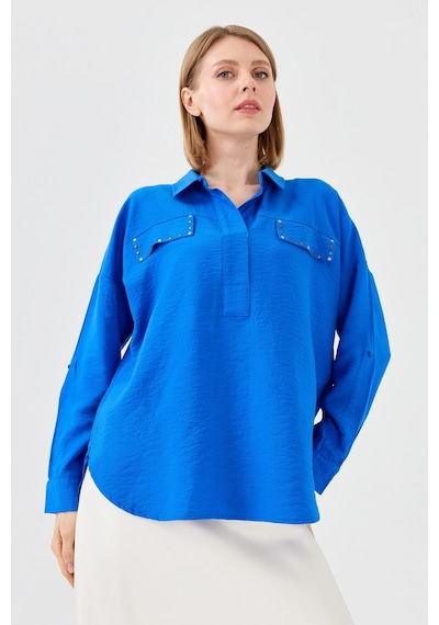 Desen Triko Kadın Polo Yaka Cepli Bluz 23485 Saks Desen Triko Kadın Polo Yaka Cepli Bluz 23485 Saks
