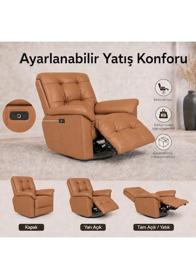 Smarto Relax Zürih Vıp Elektrikli Döner Sallanan Tv Koltuğu Kontrol Panelli Ergonomik Gerçek Deri Baba Koltuğu Kahverengi