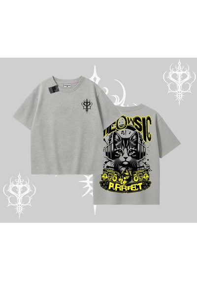 Tarzsokak Meowsic Purrfect Kedi Arka Baskılı Oversize Tshirt Gri