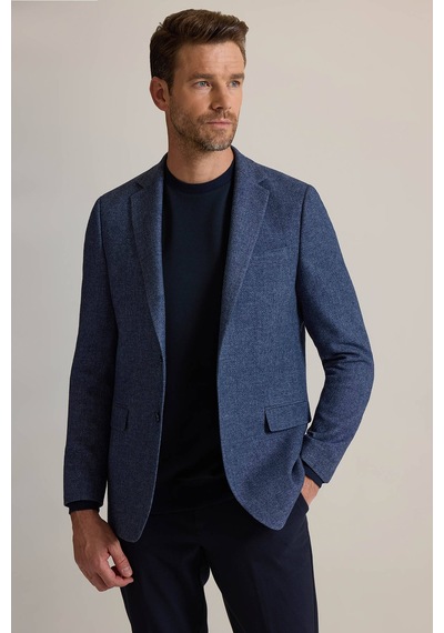 Erkek Mavi Regular Fit Mono Yaka Kışlık Yünlü Ceket