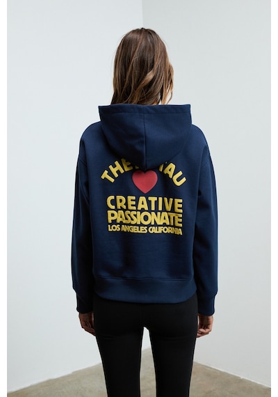 Grımelange ISROP Kadın Yumuşak Kumaşlı Baskılı Kapüşonlu Lacivert Sweatshirt