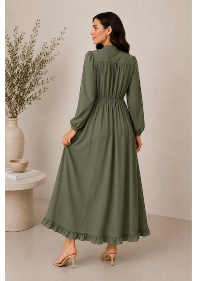 Hira Life Fashion Kadın Çilek Kumaş Ve Önü Düğmeli Eteği Fırfırlı Hakim Yaka Elbise Haki Haki Hira Life Fashion Kadın Çilek Kumaş Ve Önü Düğmeli Eteği Fırfırlı Hakim Yaka Elbise Haki Haki