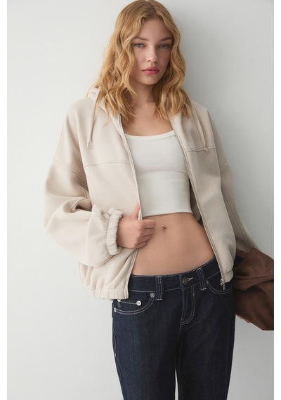 ETHIQUET VA IT Kadın Çift Cepli Eteği Ve Kol Ucu astikli Fermuarlı Oversize Taş Rengi Sweatshirt
