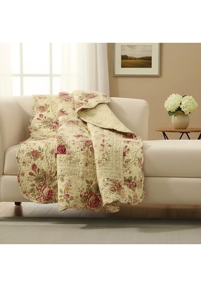 Klasik Geleneksel Çiçek - 100 Pamuk Kapitone Örtü Battaniye 127 X 152 Cm Ekru Diğer