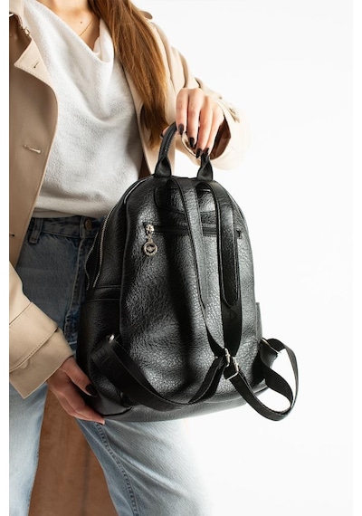 Baginn Vegan Deri Kadın Sırt Çantası 35 25 Cm Yağmur İtici Kumaş Mega Bag Günlük Kullanıma Uygun Siyah