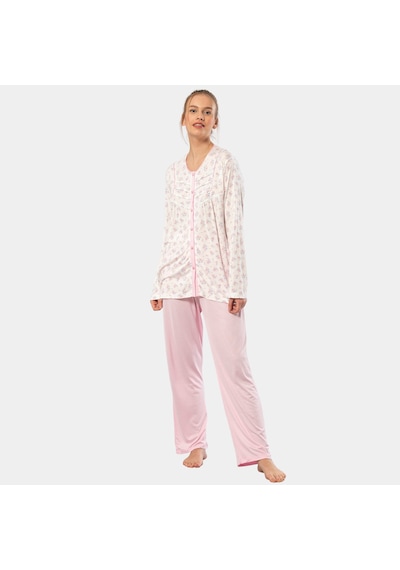 Türen Empirme Düğmeli Battal Uzun Kollu Pijama Takım 3367/pembe 001