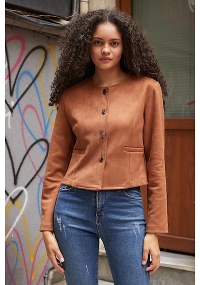 Kadın Esnek Süet Kumaş Sıfır Yaka Flato Cepli Uzun Kol Blazer Ceket-taba Taba