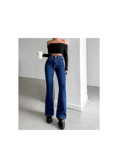 Woddi Sena Lacivert İspanyol Yüksek Bel Toparlayıcı İspanyol Paça Solmaz Jeans Pantolon Laci Vert