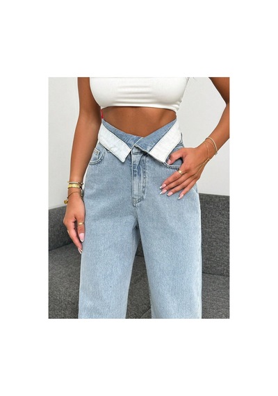 Kene Jeans Yüksek Bel Kemer Yakalı Bol Paça Jeans Mavi