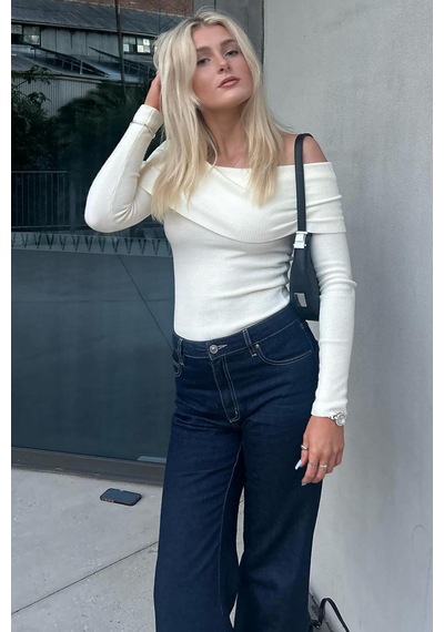 Madmext Beyaz Madonna Yaka Uzun Kollu Triko Kazak Mg2184 Beyaz