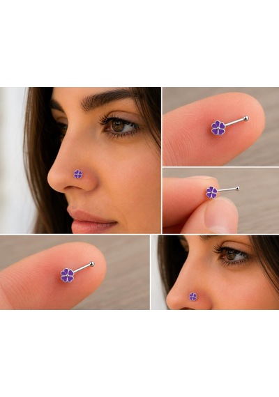 925 Ayar Gümüş Burun Hızması Mor Çiçek Desenli Minimal Nose Stud Kadın Erkek Unisex 8 Mm Gri