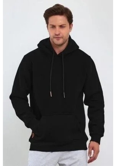 Erkek 3 İplik Pamuklu Kapüşonlu Cepli Hoodie Sweatshirt - Siyah