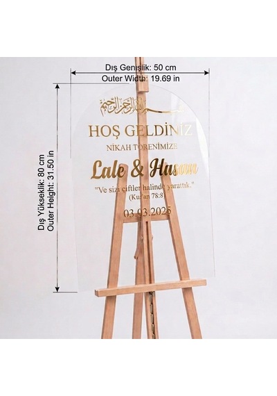 Kişiselleştirilmiş 50x80 Cm Şeffaf Pleksi Düğün Karşılama Panosu Büyük Boy - Gold Yazılı