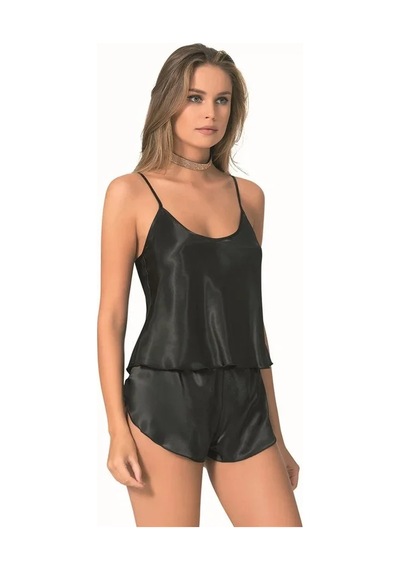 Veraura Lifestyle Kadın Şık Tasarım Yumuşak Dokulu Siyah Saten Babydoll Şort Takımı