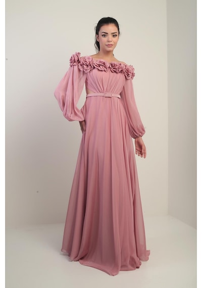 By Saygı Kadın Çiçekli Madonna Yaka Kemerli Astarlı Şifon Uzun Elbise-41106 Pudra