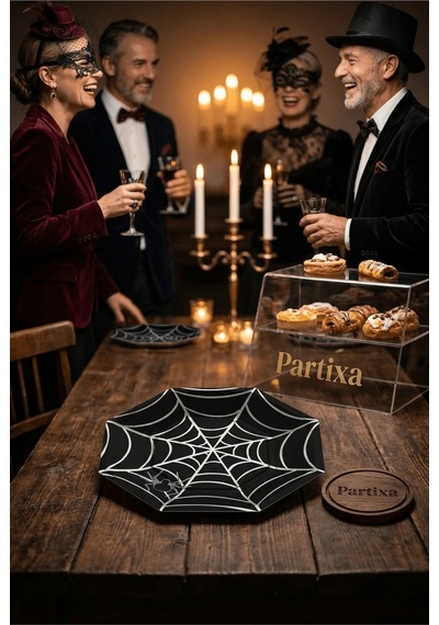Cadılar Bayramı Örümcek Ağı Siyah Sekizgen Kağıt Tabak 23 Cm 8'li Paket - Halloween Parti Tabağı Çok Renkli