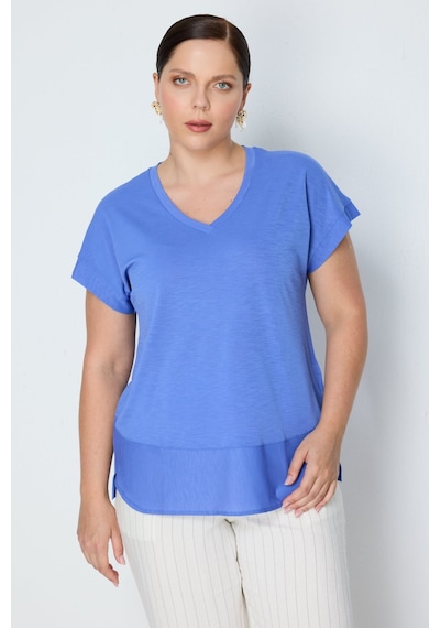 On Kadın Büyük Beden V Yaka Parçalı T-shirt 71476 Indigo