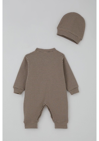 Breeze Erkek Bebek Tulum Çizgili Çıtçıtlı 0-9 Ay, Vizon