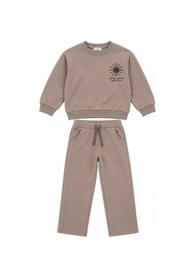 Luess Erkek Çocuk Sweatshirt Pantolon Eşofman Takımı 3 İplik Şardonsuz - Vizon Sütlü Kahve