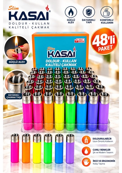 Kasai Slim 48 Li Paket Gaz Dolumlu Çakmak Renkli Doldur Kullan Taşlı Model