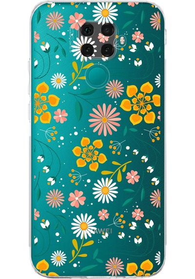 Huawei Mate 30 Lite Uyumlu Kamera Korumalı Çiçek Tasarımlı Şeffaf Kılıf Şeffaf