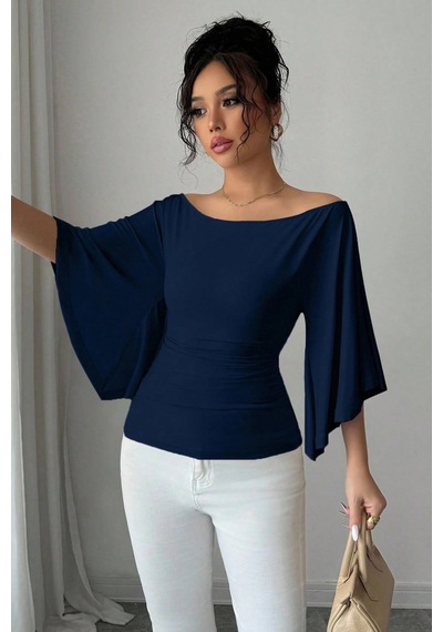 Kadın Lacivert Kayık Yaka Flare Kol Drapeli Fit Bluz Lacivert