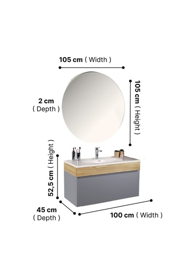 Kobos Harmony 100 Cm Banyo Dolabı Seti Light Grey + Meguro Gri Kobos Harmony 100 Cm Banyo Dolabı Seti Light Grey + Meguro Gri
