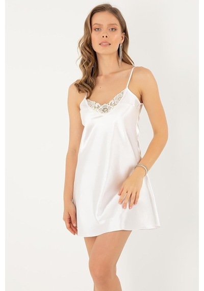 İnce Askılı Güpürlü Mini Saten Gecelik,ekru 2xl,33165383 Açık Bej - Beyaz