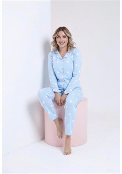 Kadın Açık Mavi Kalp Desenli Düğmeli Uzun Kollu Pamuk Pijama Takımı Mavi