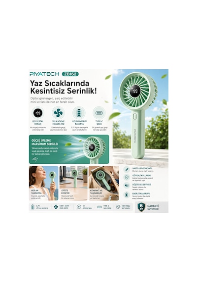 Zb162 Dijital Göstergeli Mini El Fanı Şarj Edilebilir Taşınabilir Cep Vantilatörü Mint Yeşili