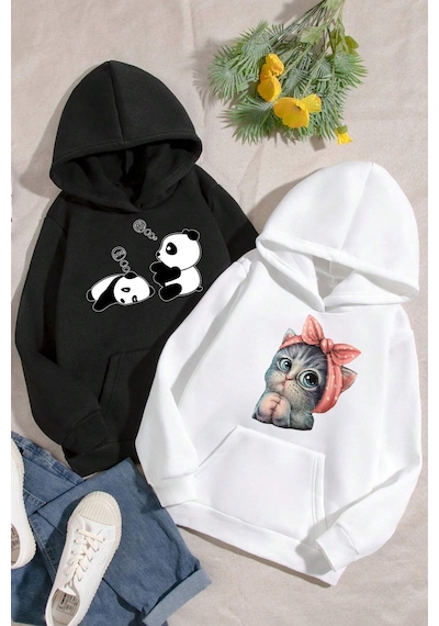 2'li Paket Baskılı Erkek - Kız Çocuk Rahat Kalıp Sweatshirt 11-12 Yaş / Siyah Siyah