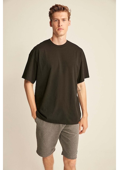 Grımelange Grımelange Jett Erkek Oversize Fit %100 Organik Pamuk Kalın Dokulu Bisiklet Yakalı Siyah T-shirt Siyah