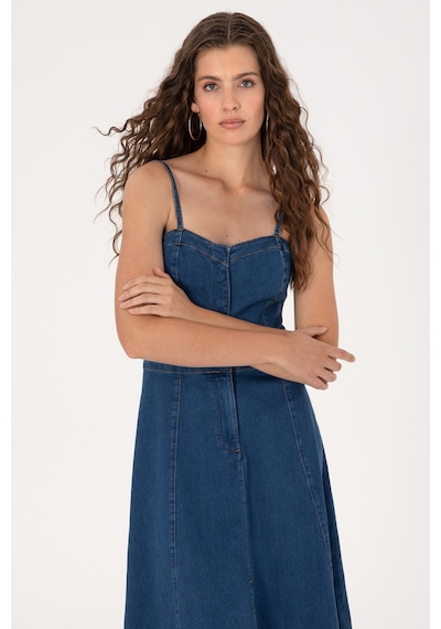 U.S. Polo Assn. Kadın Mavi Midi Boy Yırtmaçlı Jean Elbise 50305565-DN0022