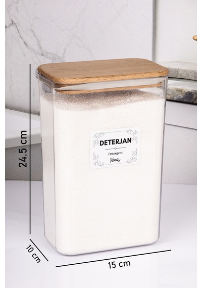 Ahşap Vakumlu Kapaklı Toz Deterjan Kutusu 3 Litre 2,5 Kg Kapasiteli Şeffaf