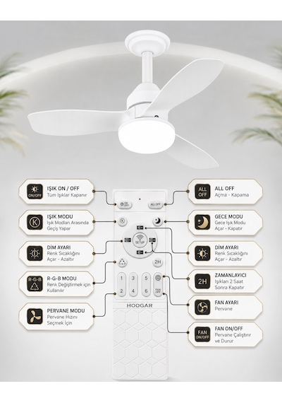 German New White Super Fan 60 Cm Kalın Kanat Dim Ayarlı Tavan Vantilatörü Rgb Led 16 Renk Sessiz Sinek Kovar