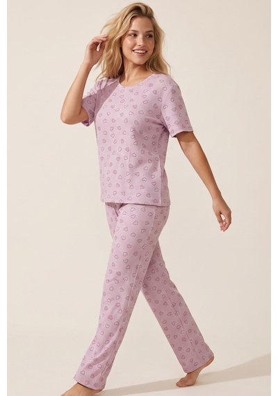 Siyah İnci Pamuklu Fitilli Kaşkorse Örme Pijama Takım 26120402 Lila Kalp
